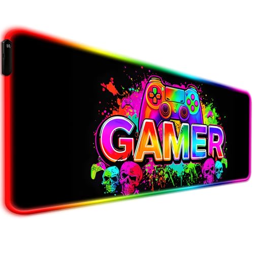 RGB Retro Black Gamer Gaming Desk Mat, Computer Keyboard Large Extended Long LED Mouse Pad for Office and Home, XL (W21) - color: Rgb-w21