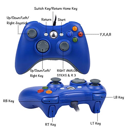 ONE250 USB Wired Game Pad Controller, Compatible with Xbox 360, Xbox 360 Slim, Windows PC - Replacement USB Wired Gamepad (Blue) - color: Blue