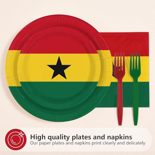 96 Pcs Ghanaian National Flags Party Decorations, Serves 24 | Flag of Ghana Plates and Napkins Red Yellow Green African Theme Set for Ghana Sports Soccer Events Independence Day Party - style: Ghana Themed Plates m