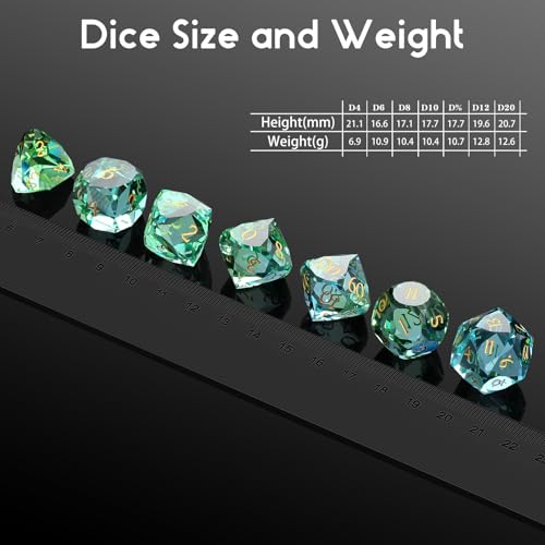 DNDND 7-Piece Glass Dice - Multifaceted Colorful DND Dice, Tabletop Gaming, Collectors | Premium Gift Box & Durable Design (Green and Blue) - color: Green and Blue
