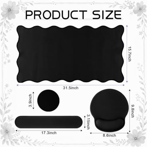 Sabary Scalloped Desk Mat Keyboard Mouse Pad Set 31.5 x 15.7 Inch Black Cute Aesthetic Preppy Table Mat Keyboard Wrist Rest Mouse Pad with Wrist Rest Coaster Ergonomic Non-Slip Waterproof Gaming Desk - color: Black, size: 31.5 x 15.7 Inch