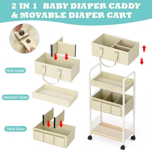 2In1 Baby Diaper Caddy & 3-Tier Rolling Cart, Diaper Caddy Organizer Carts with Dividers, Mobile Metal Utility Cart for Nursery Essentials, Detachable Bedside Cart, Large Capacity, White - color: Off White