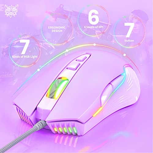 Cute RGB 6400 DPI Wired Gaming Mouse Breathing LED Optical USB 7 Buttons Gamer Computer Pink Mice for Laptop PC Desktop (Purple) - color: Purple