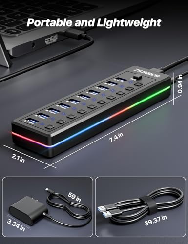 Powered USB Hub, 10-Port USB Splitter with RGB LED Strip | 5Gbps Data Transfer,Individual LED On/Off Switches and 12V/2A Power Adapter for Laptop, PC, Mouse, Keyboard, Hard Drive - style: 10 PORT