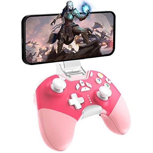 Hall Effect iPhone Controller with Phone Clip, Wireless Bluetooth Game Controller for Android/iPhone/Apple Arcade MFi Games/PC/Switch with Macro/Lock Joystick Speed/6-Axis/Motors/Turbo/ABXY FUN Switch - color: Pink