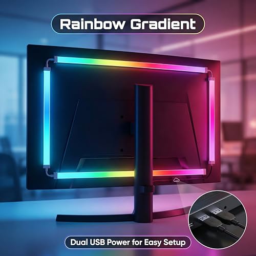 RGB Monitor Backlight with Screen Sync, Dual USB Powered Ambient Lighting Kit for 27 Inch Gaming Monitors, Music Mode, Immersive Dynamic LED Strip Lights for PC Setup (4 Sides - 27 inch) - size: 4 Sides - 27 inch