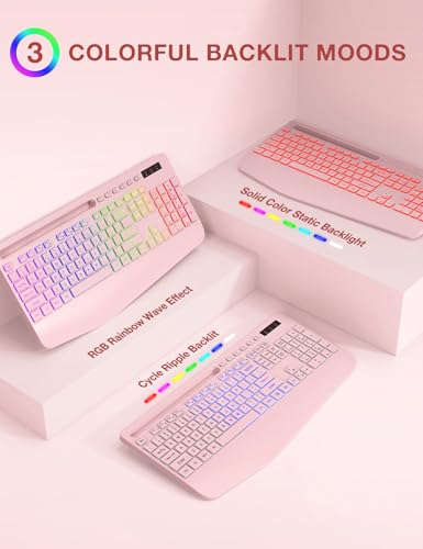 Wireless Keyboard and Mouse Combo, 9 Backlit Effects, RGB, 2.4GHz | Ergonomic Wrist Rest, Phone Holder, Rechargeable, Full Size, KM22 MAX Silent Set for Computer, Laptop, Mac, Windows (Pink) - color: Creamy Pink