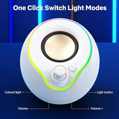 LENRUE Computer Speakers, PC Speakers with Colorful Lights Button, Volume Knob, 45 ° Tilt, Loud Sound, AUX and USB Powered for PC Desktop Monitor Laptop - color: pure white