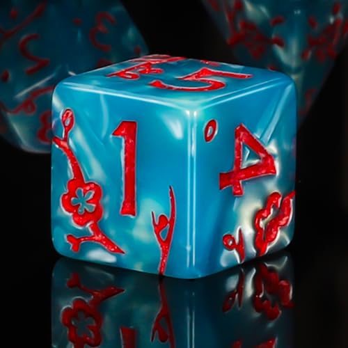 CiaraQ 7pcs Polyhedral Dice Set for Dungeon and Dragons MTG Table Games | Acrylic Role Playing Dice for D&D with Black Velvet Bag – Cyan Blue Pearl with Red Numbers & Plum Blossom Patterns - color: Cyan Blue and Red Floral Dice