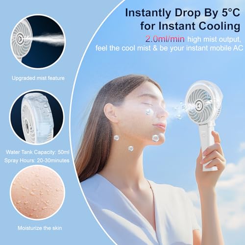 HandFan 4000mAh Portable Misting Fan, 50ml Water Tank, Rechargeable Handheld Personal Mister Fan, Spray Water Mist, Foldable Electric Hand Fans for Beach, Travel, Outdoors(White) - color: White, style: 4000mAh