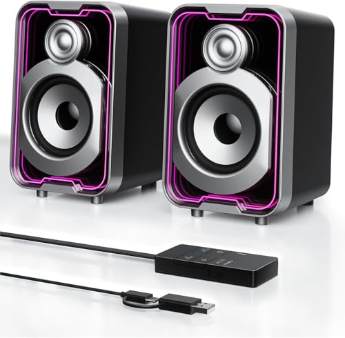 SOULION 10W USB Powered Wired Bluetooth 2.0 Computer Speakers | 2.0 PC Speakers, Easy-Control Pod, 5 Mirror-Like LED Light Modes, for Monitor Laptop Desktop Gaming Music