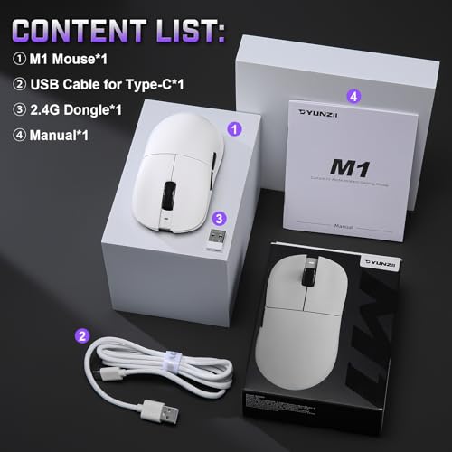 YUNZII M1 PAW3311 Sensor Wireless Gaming Mouse (White) | 7-Level DPI Adjustment Up to 10000 DPI, Stable 1000Hz polling rate, 60g Lightweight Design, Easy Software for Win & Mac - color: White