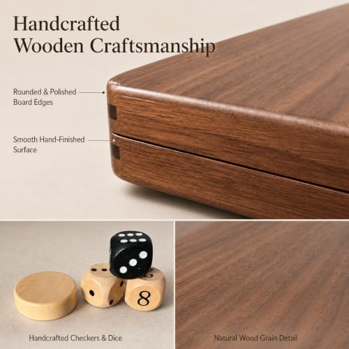 Black Walnut Backgammon Set for Adults, 14.4 x 18Inch Wooden Foldable Board Game with 30 Checkers, Dice, Doubling Cube and 2 Matching Dice Cups, Classic Travel Game Set