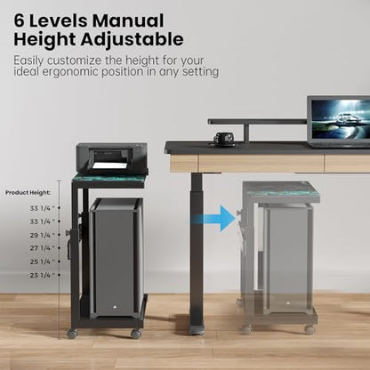 EUREKA ERGONOMIC PC Stand Computer Cart Frosted Glass, Height Adjustable Tower Stand 2-Tier Suit for ATX Case Printer, Metal Rolling Cart on Wheels for Gaming Home Office, Black - color: Frosted Glass Black