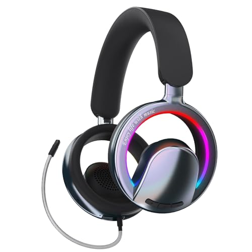 Open Ear Open-Back Headphones Wireless Bluetooth Gaming Headset with Mic for PC Switch Xbox One PS4 PS5, 3.5mm Wired Breathable Lightweight Over Ear Headphones with Microphones Adjustable RGB Light - color: Black