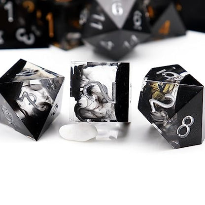 Haxtec Sharp Edge DND Dice Set Black Swirls Resin Dice with Dice Case D&D Dice for RPG Role Playing Games Compatible with Dungeons and Dragons Gifts - color: Black Silver