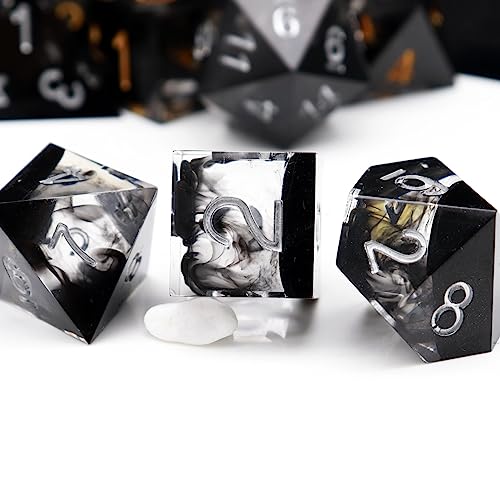 Haxtec Sharp Edge DND Dice Set Black Swirls Resin Dice with Dice Case D&D Dice for RPG Role Playing Games Compatible with Dungeons and Dragons Gifts - color: Black Silver