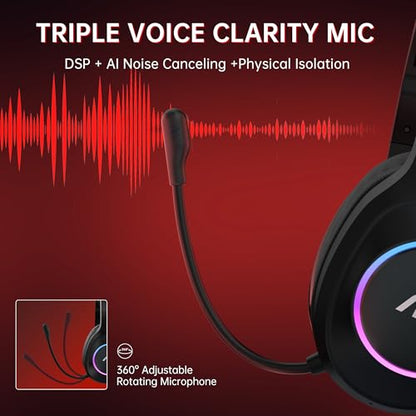 AOC Bluetooth Gaming Headset with Mic for PC, PS5/4, Nintendo Switch, 2.4GHz Wireless Gaming Headphones with RGB, USB-C, 7.1 Virtual Surround 20ms, Latency, 45H Playtime- Red - color: Red