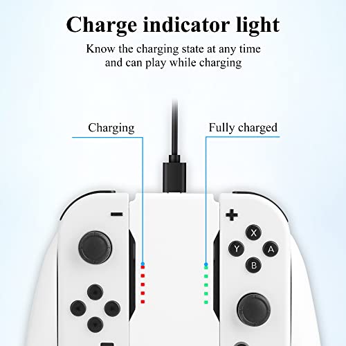 GLDRAM Joypads Charger for Nintendo Switch & Switch OLED Accessories, Switch Controller Charging Grip with LED Indicator, Charging Cable and 6 Thumb Caps, Charger Dock Stand-White