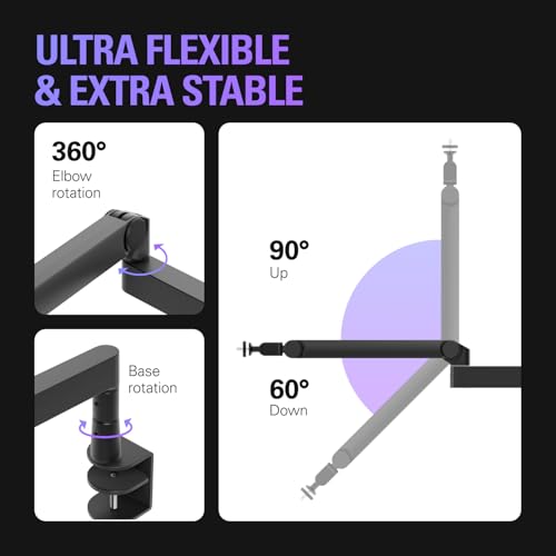 Elgato Wave Mic Arm Pro, Gas Spring Microphone Arm | Supports up to 3kg, Silent gas-spring adjustment, Hidden cable channels, Padded clamp, Compatible with most mic brands - color: Black
