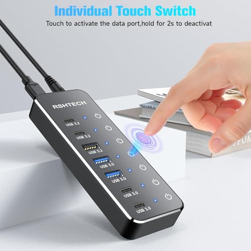 RSHTECH 7-Port Powered USB 3.2/USB-C Hub Splitter with 3 x 10Gbps USB-3.2 Ports (2C + 1A),4 USB-3.0 Ports (2C + 2A), 3.3ft Cable, Touch Switches, and 5V Power Adapter for Laptop PC
