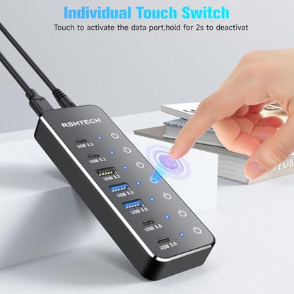 RSHTECH 7-Port Powered USB 3.2/USB-C Hub Splitter with 3 x 10Gbps USB-3.2 Ports (2C + 1A),4 USB-3.0 Ports (2C + 2A), 3.3ft Cable, Touch Switches, and 5V Power Adapter for Laptop PC