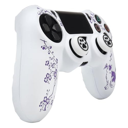 Cat Among Blossoming Branches Design Controller Skin Cover with 2 Thumb Grips Compatible with PS4/Playstation 4 Slim/Pro Controller - color: Cat White Purple