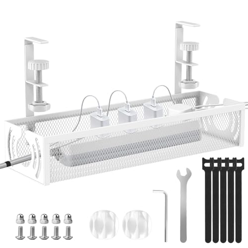 Cable Management, 15'' Under Desk Cable Management Tray No Drill | Metal Cable Organizer with Clamp for Wire Management, Cord Organizer for Home Office, Desk Accessories Organizer, White - color: White, size: 15 inch