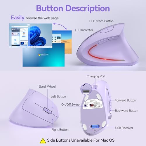 TECKNET Wireless Ergonomic Mouse, Rechargeable Wireless Vertical Mouse | Rechargeable Mouse Purple, 2.4GHz USB Receiver, Silent Click, 6 Adjustable DPI up to 4800, 6 Buttons for Laptop, PC & MacBook - color: Purple
