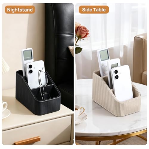 Remote Control Holder, PU Leather Nightstand Organizer Bedside Caddy with 3 Compartments, Small Desk Organizer for Remote/Pen/Glasses/Phone (Beige) - color: Beige