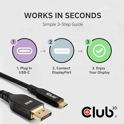 Club 3D USB C to DisplayPort 2.1 Cable 8K - 240Hz 4K - 720Hz HDR | VESA DP80 Certified 80Gbps Bi-Directional USB-C to DP Cable, Thunderbolt 4/3 Compatible, 3.3ft/1m for MacBook Pro, Dell, HP CAC-1559