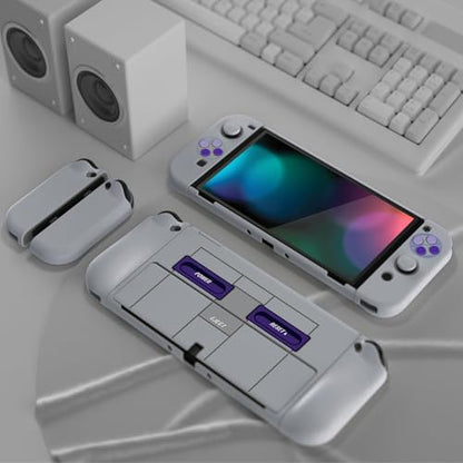 PlayVital AlterGrips Protective Slim Case for Nintendo Switch OLED, Ergonomic Grip Cover for Joycon, Dockable Hard Shell for Switch OLED w/Thumb Grip Caps & Button Caps - color: Classics SNES Style