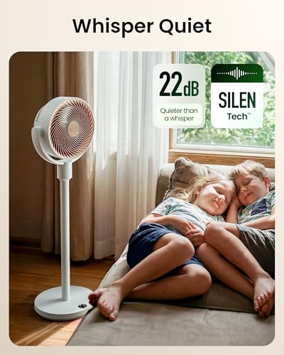 SwitchBot Smart Pedestal Fan, Rechargeable Oscillating Standing Fan for Bedroom, Corded & Cordless, Adjustable Height Floor & Desk Fan, 22dB, Remote & App, Works with Alexa,Google Home,HomeKit,Matter