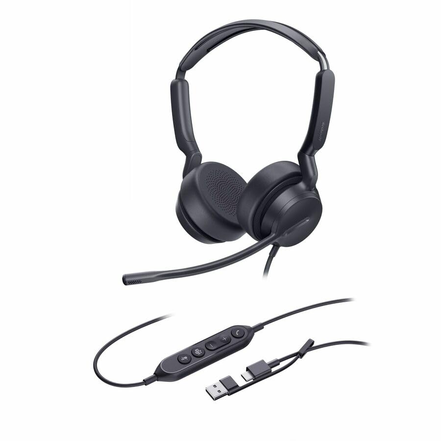 Yealink UH42 USB-C/A Wired Headset,AI Noise Cancelling Mic,in-Line Controls | Teams/Zoom Certified, Dual-Ear Headphones, Plug & Play for PC/Laptop/Phone,7ft Cable, Dynamic EQ, Call Center, Hybrid Work