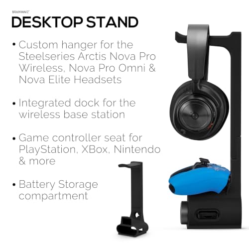 BRAINWAVZ Headphone & Game Controller Stand Designed for Steelseries Arctis Nova Pro, Elite and Pro Omni Wireless Headsets with Dock for the Wireless Base Station - Black (HP03) - color: HPS03