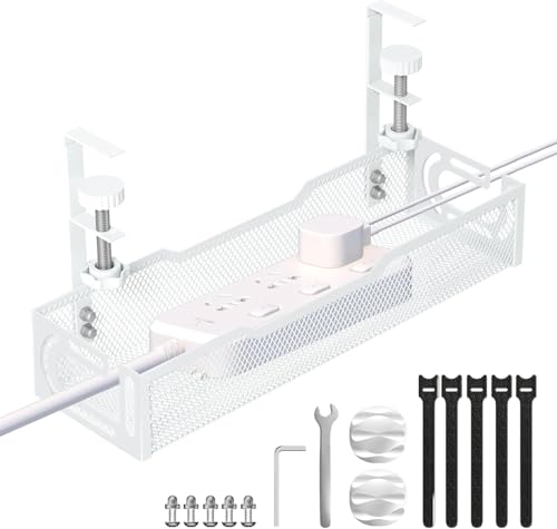 Under Desk Cable Management Tray, No Drill Mesh Cable Tray Cord Organizer | Wire Management Tray Cable Management Rack, Cable Management Box (White) - color: 1Pack-White (15.3'')
