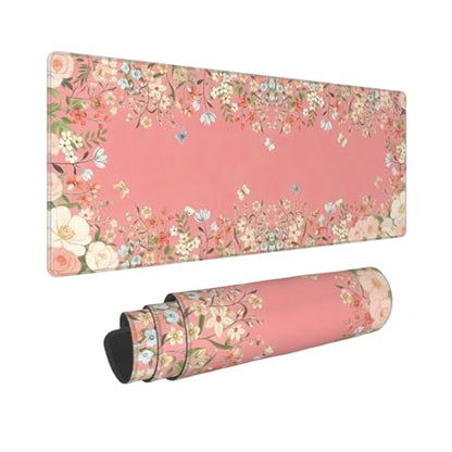 Large Gaming Mouse Pad Desk Mat, Pink Girly Floral Extended Keyboard Mouse Pad Mousepad with Non-Slip Base and Stitched Edge Mouse Mat Desk Pad Mouse Pads for Desk Home Office, 31.5 x 11.8 - color: Girly Floral Pink