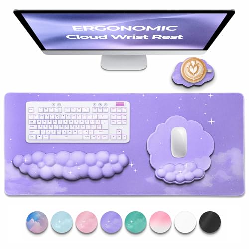 Premium Quality Cloud Wrist Rest Keyboard & Mouse Pad Set – Ergonomic Memory Foam Desk Accessories with Wrist Support for Office & Gaming – Purple-Star - color: Purple-star