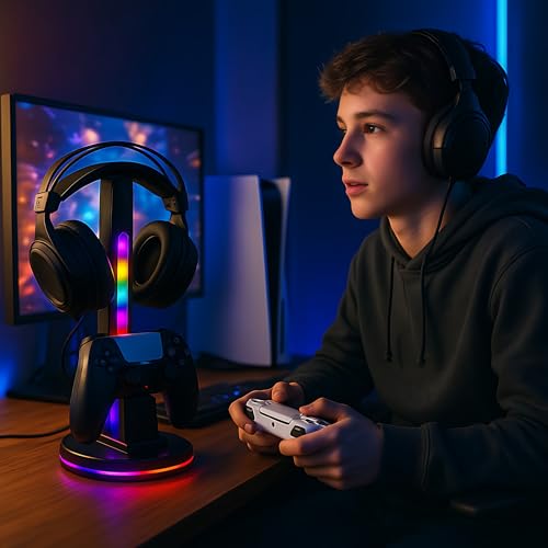 Controller Charger with 7 RGB Lighting Modes – Docking Charging Station with Fast Dual Ports & Headphone Stand (Compatible with PS5).
