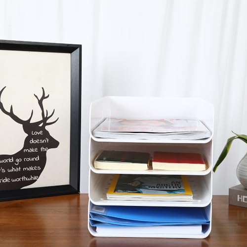 (4pcs Pack) HKeeper Stackable Paper Trays,Letter Tray Organizer,Office Desktop Organizer,A4 Paper Holder,Supplies Magazine,File Documents,Receipts（White,Regular）
