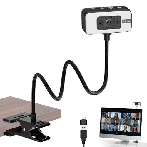 Webcam for PC, 4K Streaming Camera with Light, Web Camera for Desktop/Laptop Computer Webcam with Microphone, Plug and Play USB Web Cam with Bracket, for Video Calls and Meetings (Black)