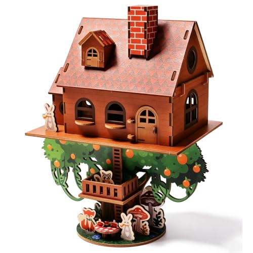 3D Wooden Puzzles for Adults Orange Treehouse Decorations Fun Miniature Kit - color: Orange House