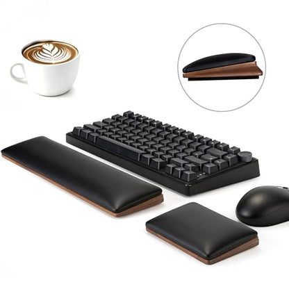 ASFSKY Keyboard and Mouse Wrist Rest Set for 60%-75% Compact Keyboards – Ergonomic Wooden Support Pad with PU Leather & Memory Foam, Anti-Slip Rubber Base for Gaming, Office & Typing Pain Relief - style: No RGB