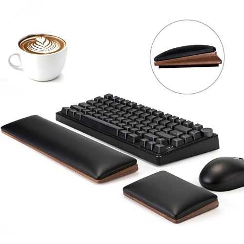ASFSKY Keyboard and Mouse Wrist Rest Set for 60%-75% Compact Keyboards – Ergonomic Wooden Support Pad with PU Leather & Memory Foam, Anti-Slip Rubber Base for Gaming, Office & Typing Pain Relief - style: No RGB