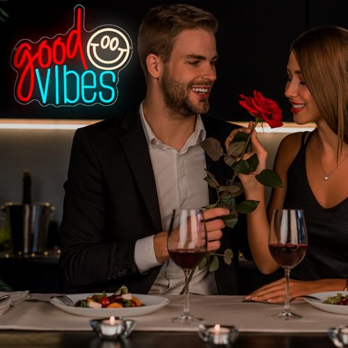 Good Vibes Neon Sign, Smile Face LED Neon Light for Wall Decor Good Vibes Light Up Lamp for Bedroom Dorm Game Room Wall Art Party Decorations Gift USB Powered(14.2"*11.8") - style: Good Vibes