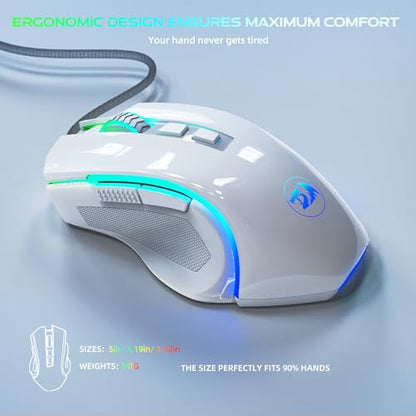 Redragon M602 Gaming Mouse, Ergonomic RGB Gaming Mouse Wired with 7200 Adjustable DPI, 9 Programmable Buttons, Professional Software for Gamer Office [White] - color: White