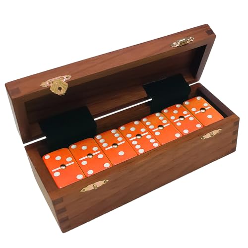 Marion Domino Double Six Orange-White Spots Jumbo Tournament Professional Size with Spinners in Dovetail Sheesham Wood Box. - color: Orange-white