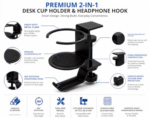 Foldable Aluminum Under Desk Headphone Hanger with Cup Holder, 2-in-1 Clamp-on Headset Stand & Drink Holder, Heavy Duty Gaming Headphone Hook for Office, Home, Gaming Desk - Black