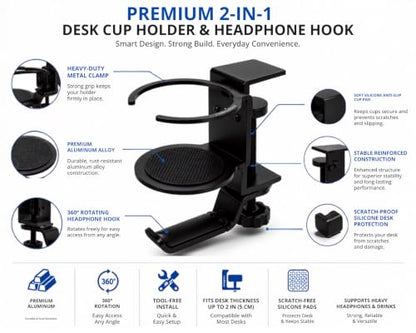 Foldable Aluminum Under Desk Headphone Hanger with Cup Holder, 2-in-1 Clamp-on Headset Stand & Drink Holder, Heavy Duty Gaming Headphone Hook for Office, Home, Gaming Desk - Black