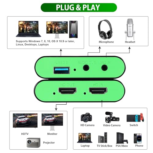 HDMI Capture Card for Nintendo Switch 2, 1080P 60FPS, Green | USB 3.0 plug and play for OBS beginners, 4K 30Hz passthrough, works with PS5, Xbox, PC and Mac - color: Green